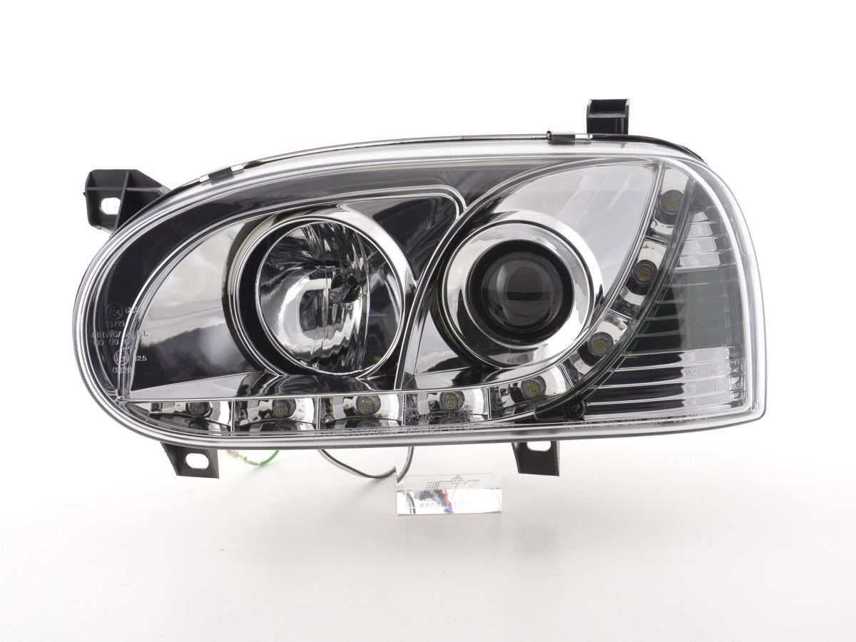 Scheinwerfer Set Daylight LED Tagfahrlicht VW Golf 3 91-97 chrom für Rechtslenker Scheinwerfer Set Daylight LED Tagfahrlicht VW Golf 3 91-97 chrom für Rechtslenker